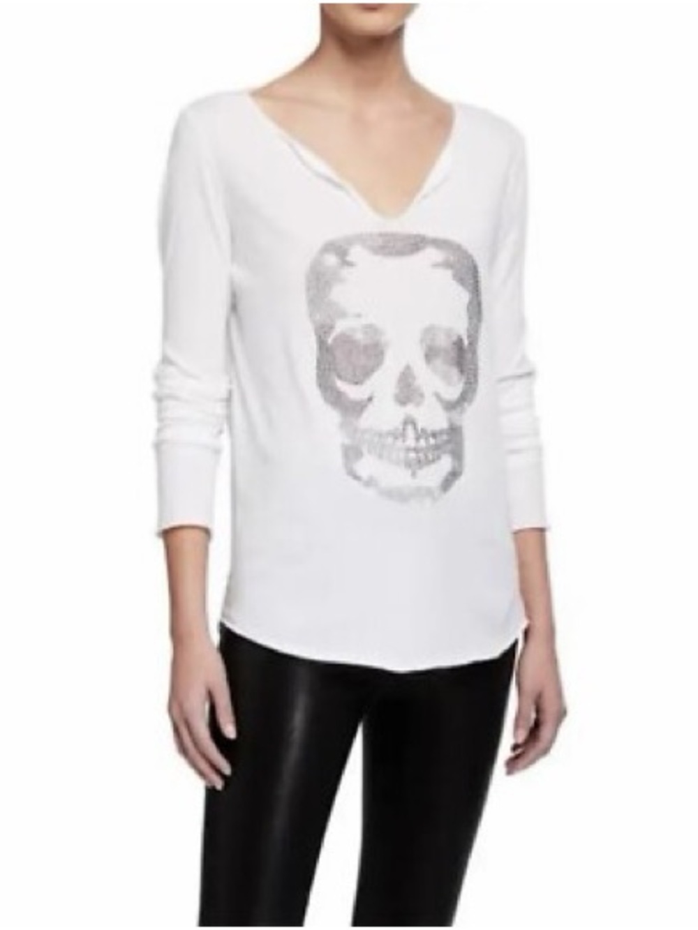 Zadig & Voltaire White Long Sleeve V-Neck Skull Graphic Top | XS